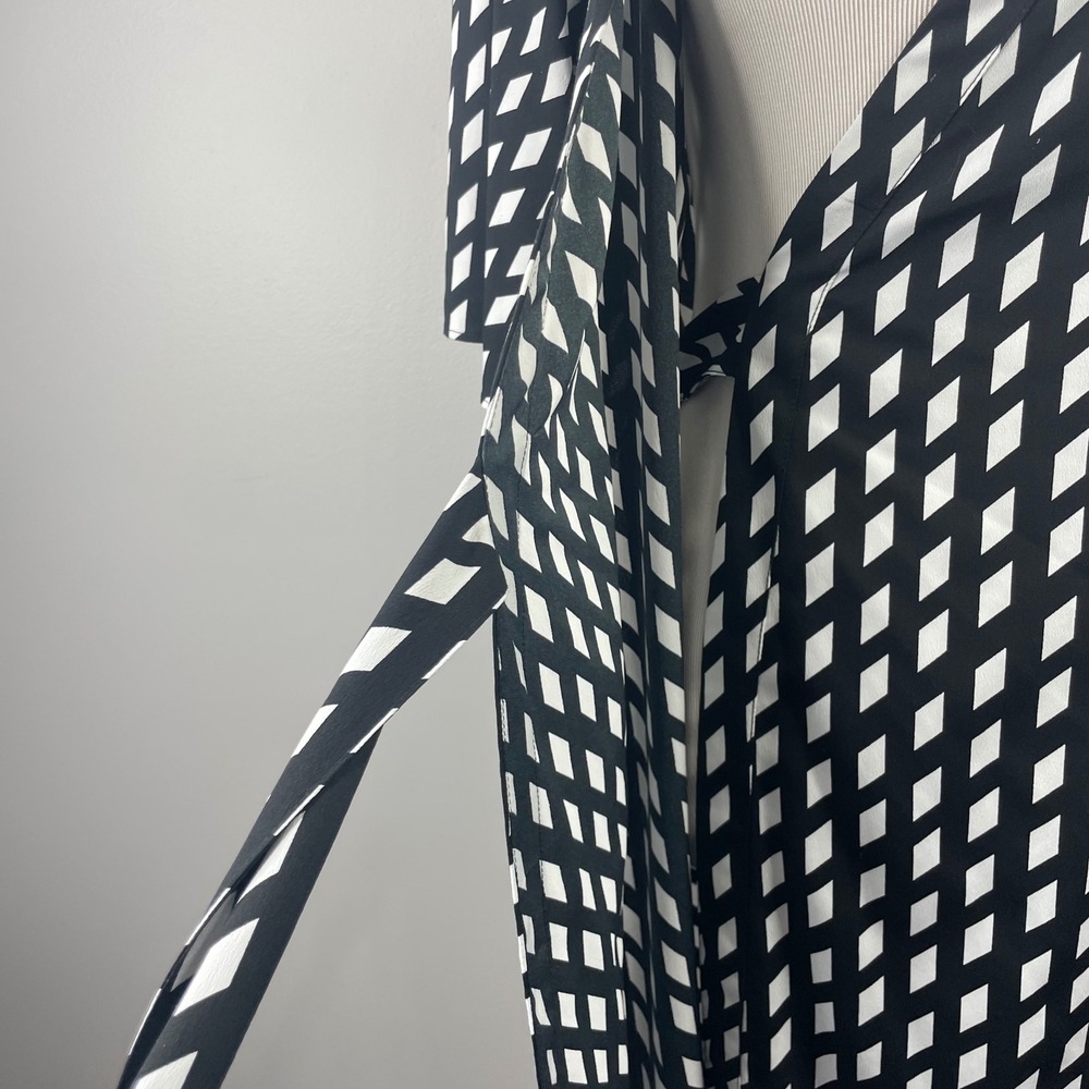 Banana Republic Black White Diamond Print Wrap Dress Short Sleeve 6 S/193043-00 - Picture 6 of 13